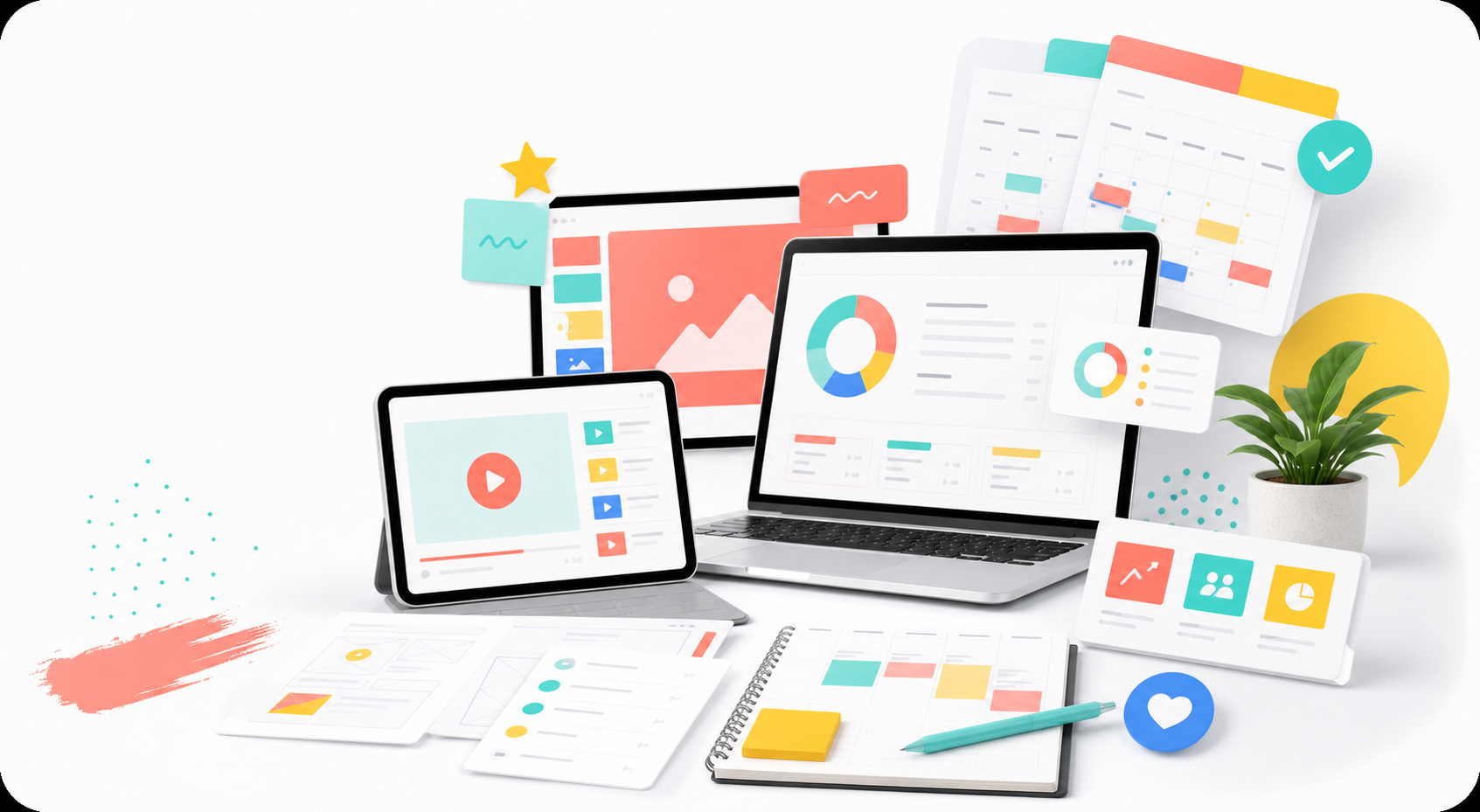 A bright digital workspace with dashboard panels, workshop slides, and content planning materials.