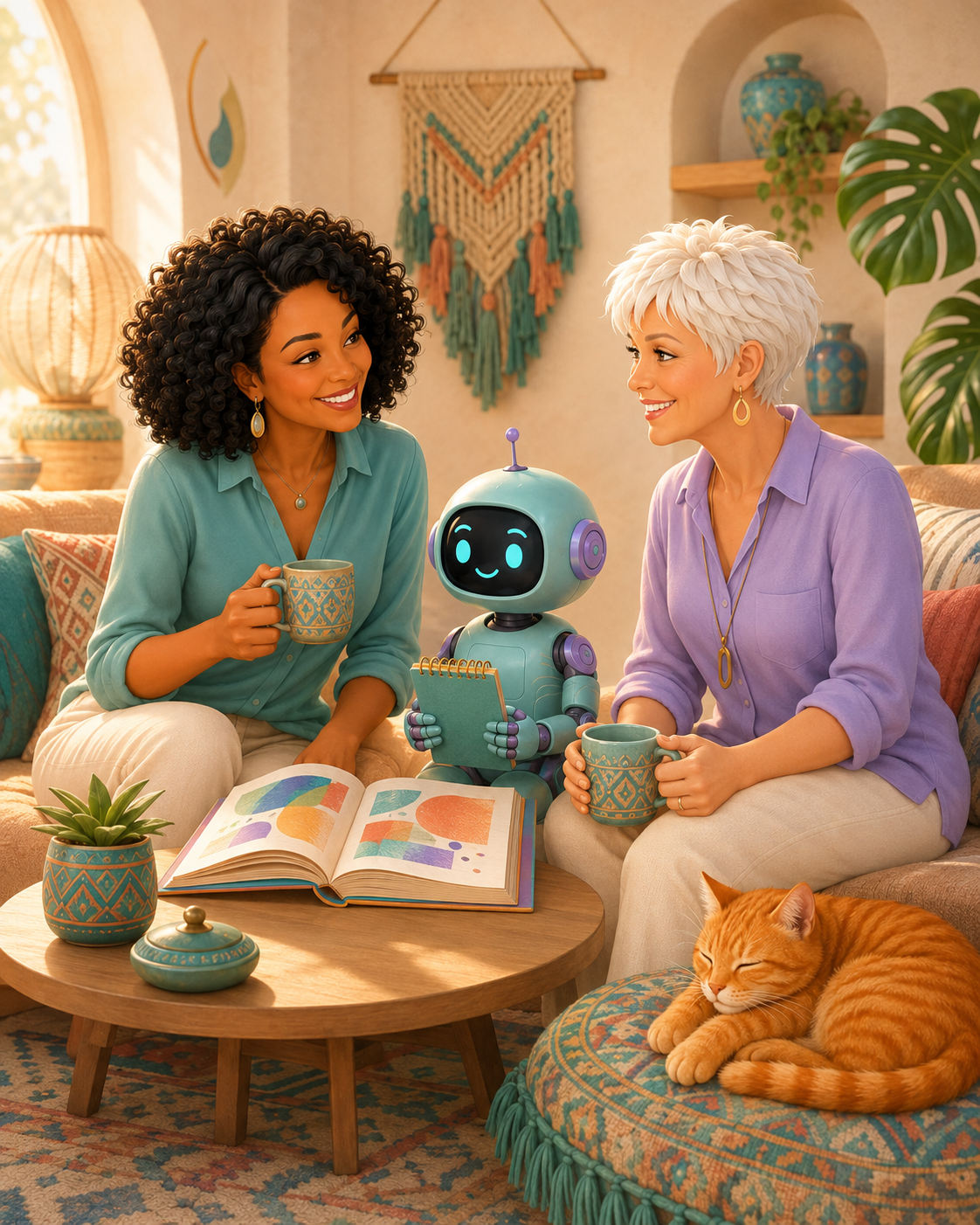 Soft 3D illustration of Melody and Sharon sharing coffee and ideas with Nova and Whiskers
