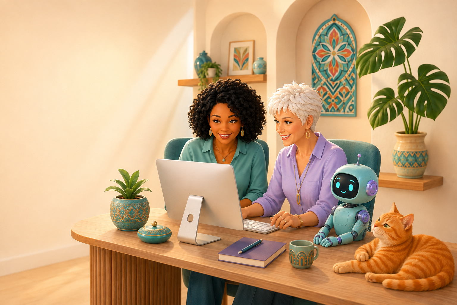Soft 3D illustration of Melody and Sharon focused on a computer with Nova and Whiskers in a colorful home studio