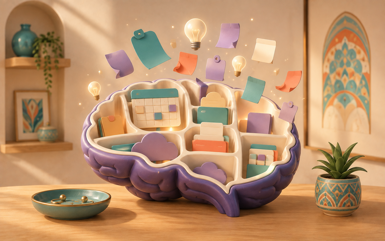 Brain-shaped organizer calmly collecting ideas, tasks, and calendar notes