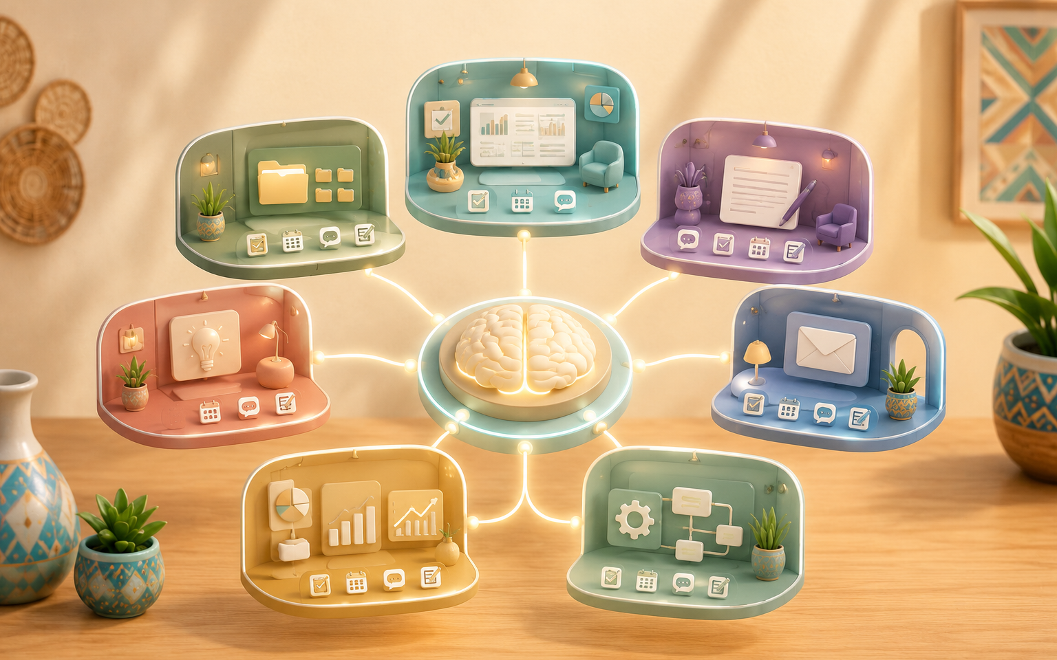 Miniature business departments connected to a central brain headquarters